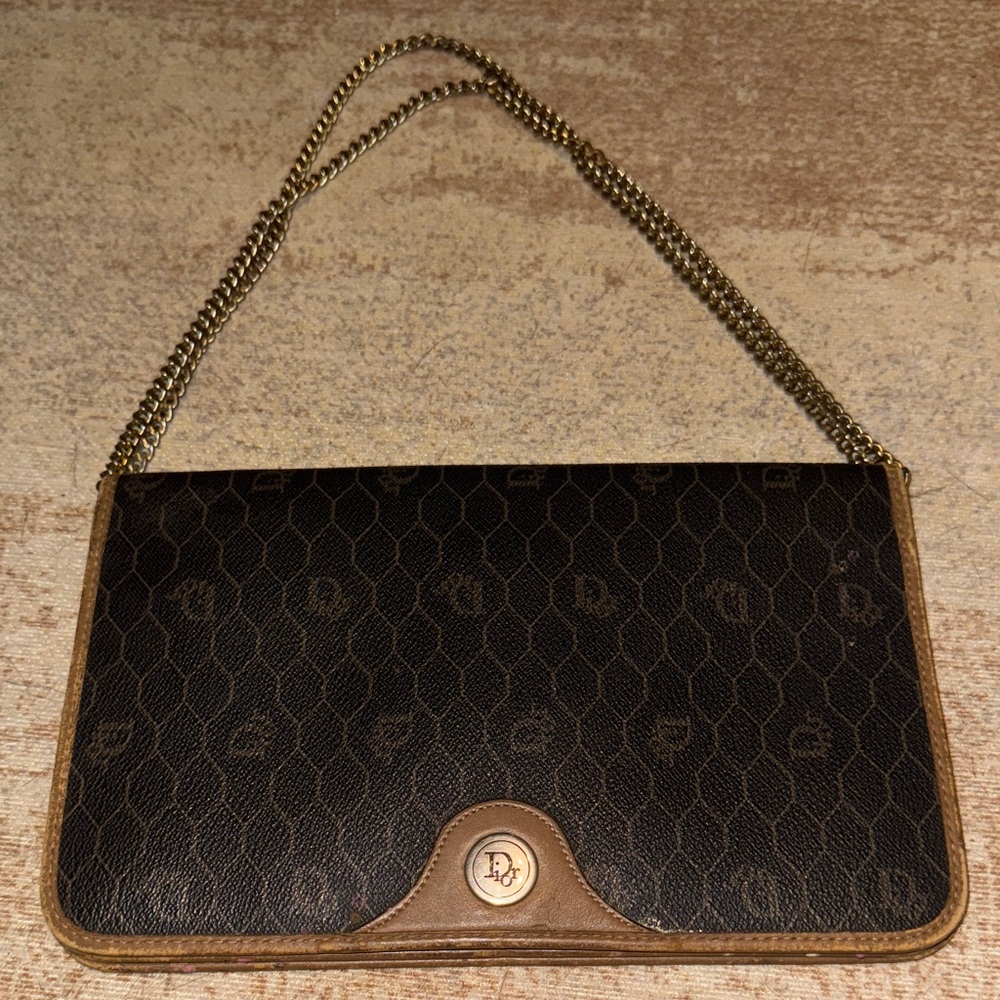 Dior Vintage Black and Brown Clutch with Gold Chain
